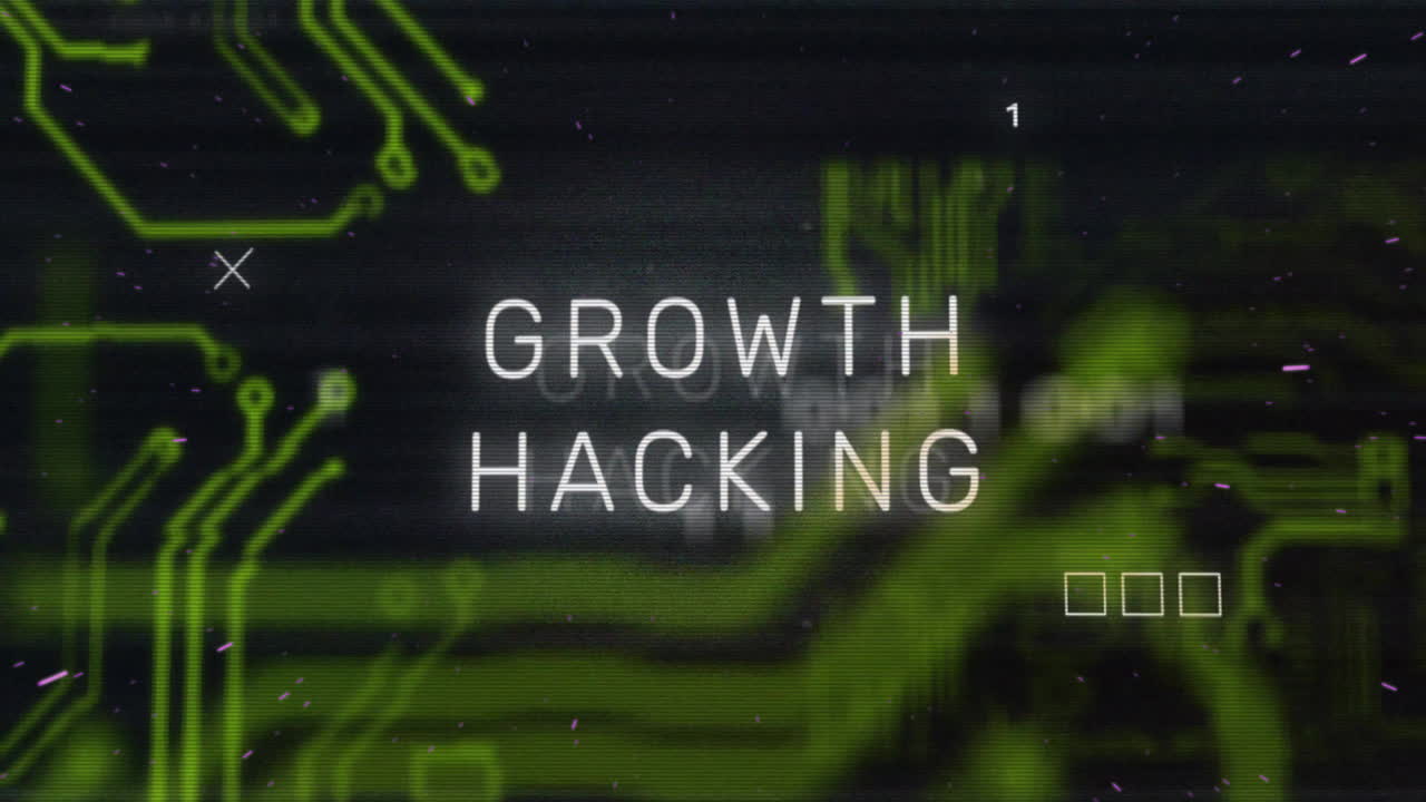 Growth hacking text over digital circuit board animation with green patterns