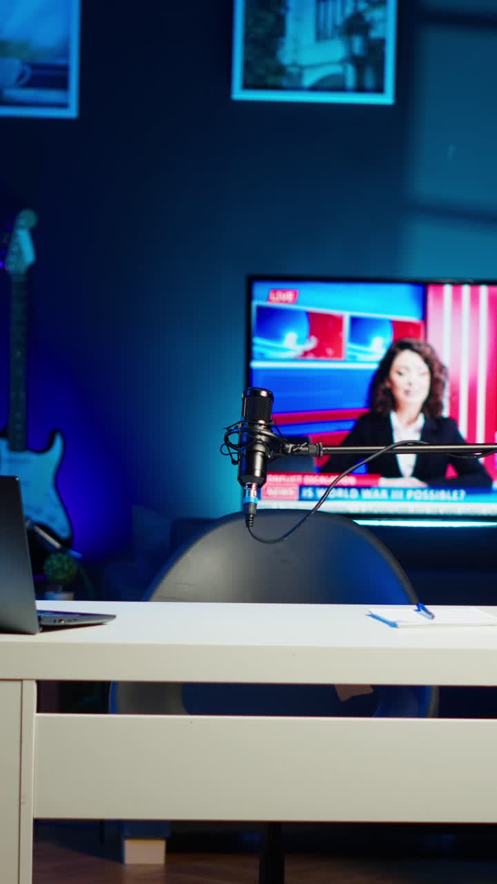 Vertical video Notebook device sitting on table, news broadcast running on TV in background