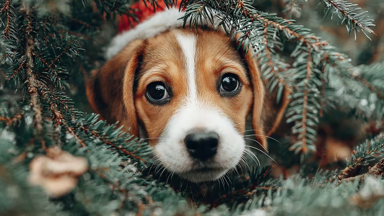 A Sweet Beagle Puppy Wearing a Santa Hat Peeks Through Evergreen Branches, Capturing the Essence of Holiday Cheer and Innocence During Winter Festivities