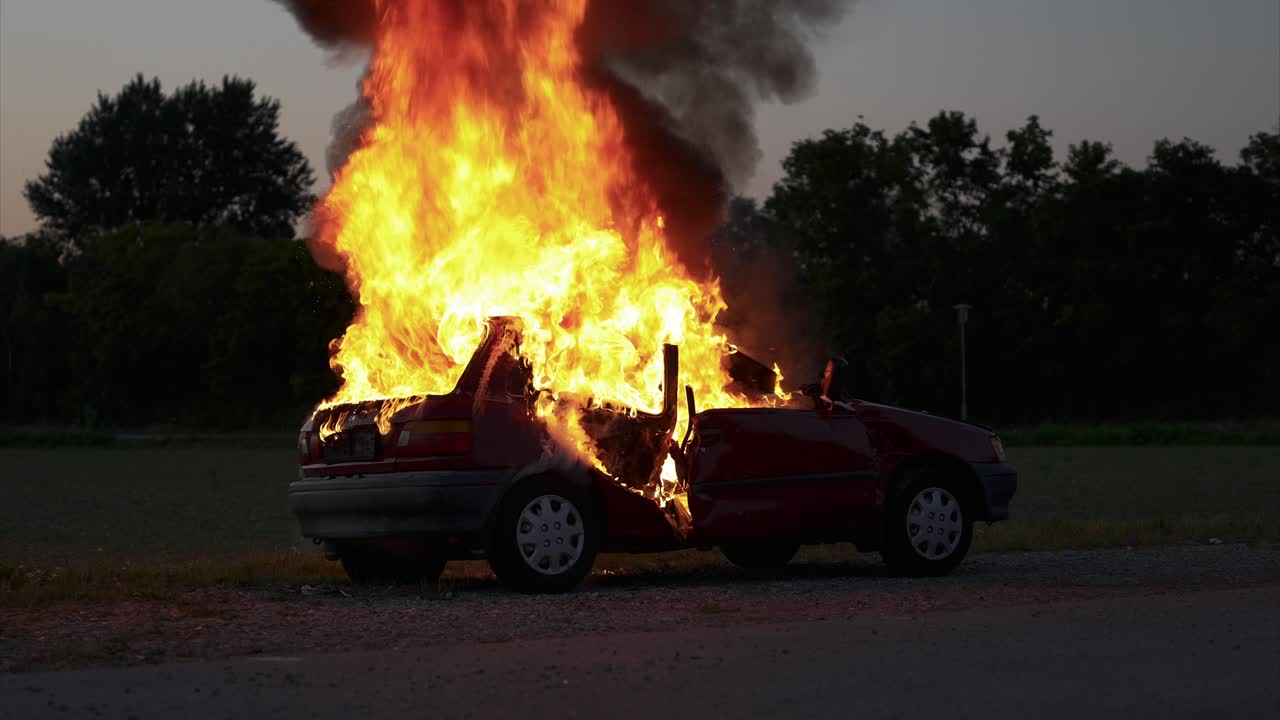 Burning car in the evening hours, firefighters approaching in the background, long shot from the right rear