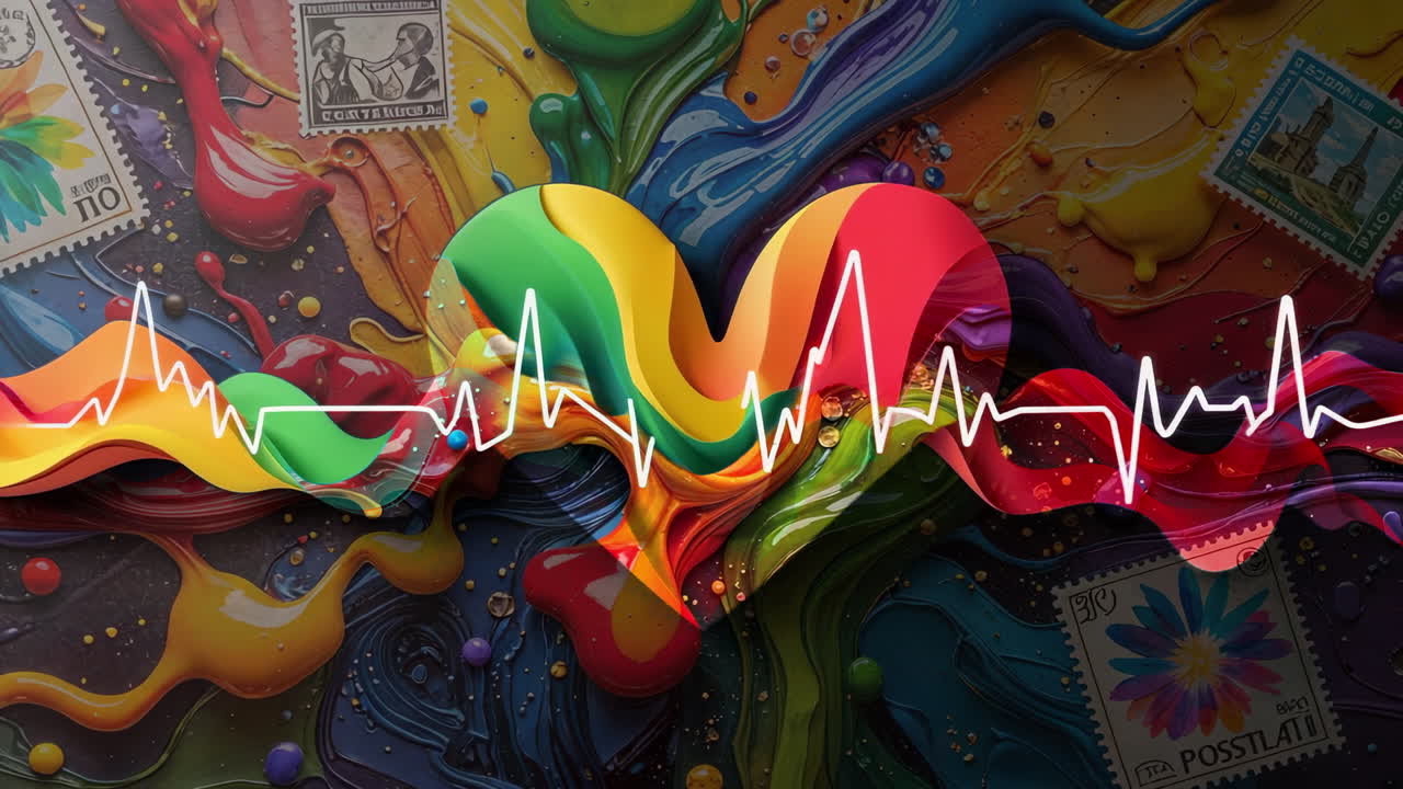 Vibrant Abstract Heart with ECG Line and Colorful Swirls