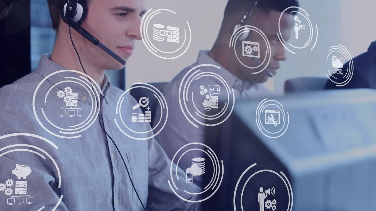 animación de iconos blancos volando sobre hombres trabajando en una oficina