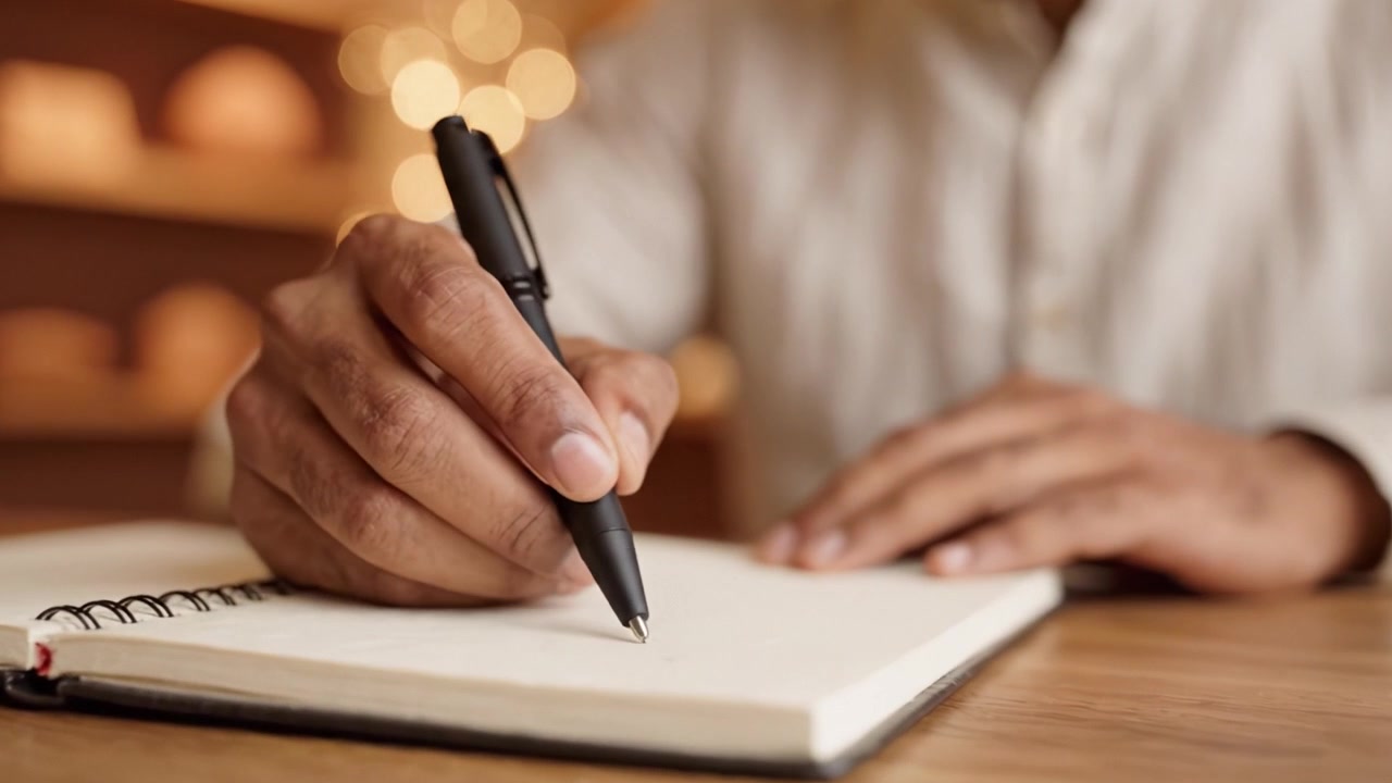 A Focused Individual Writing in an Open Notebook, Capturing Ideas with a Pen on a Wooden Table Surrounded by Ambient Warm Lights and Shelves