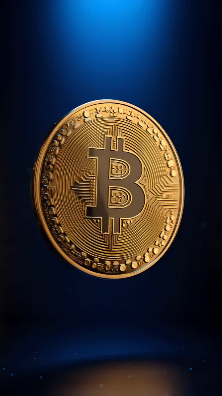Animazione rotante di Bitcoin dorato su sfondo scuro, criptovaluta cinematografica 4K.