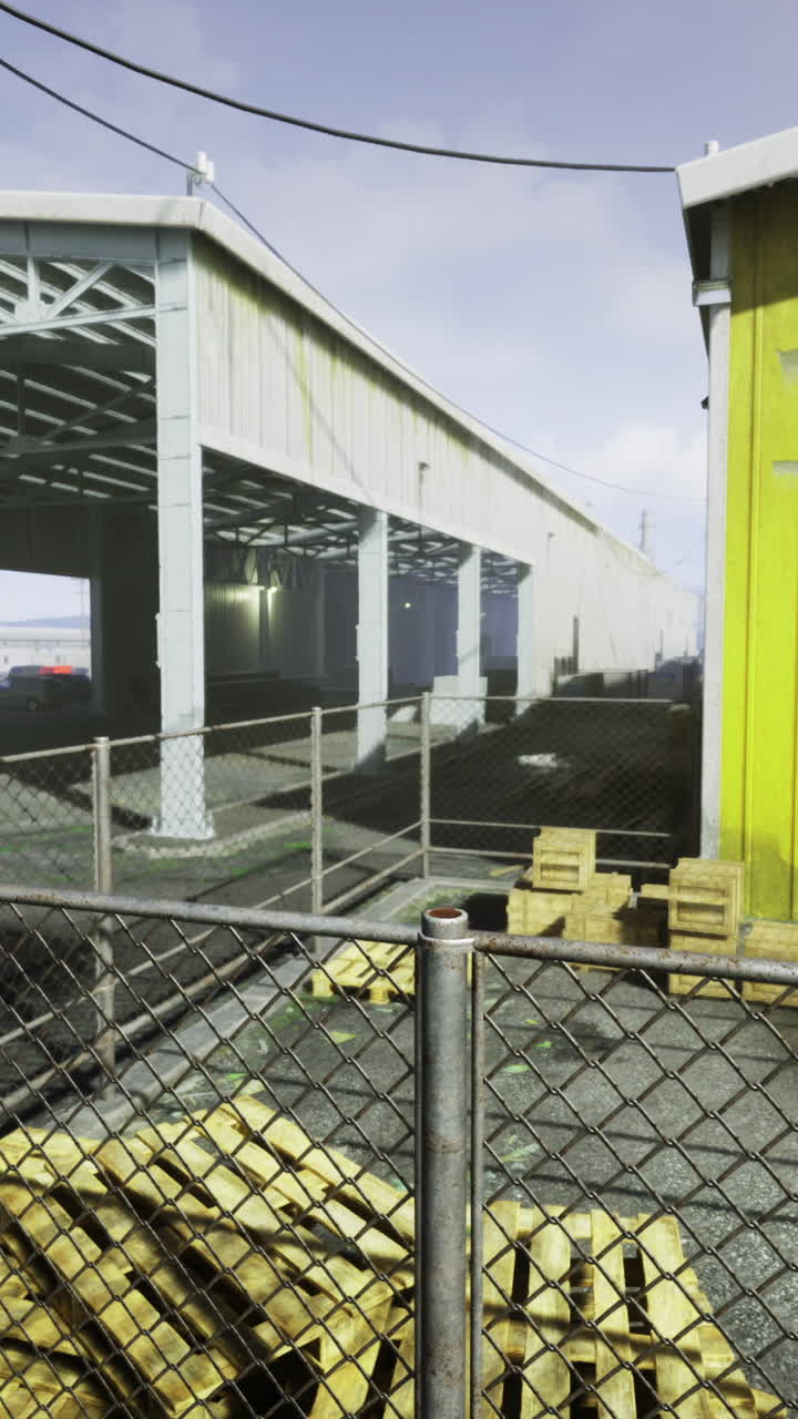 Industrial setting in a warehouse area with yellow building and storage