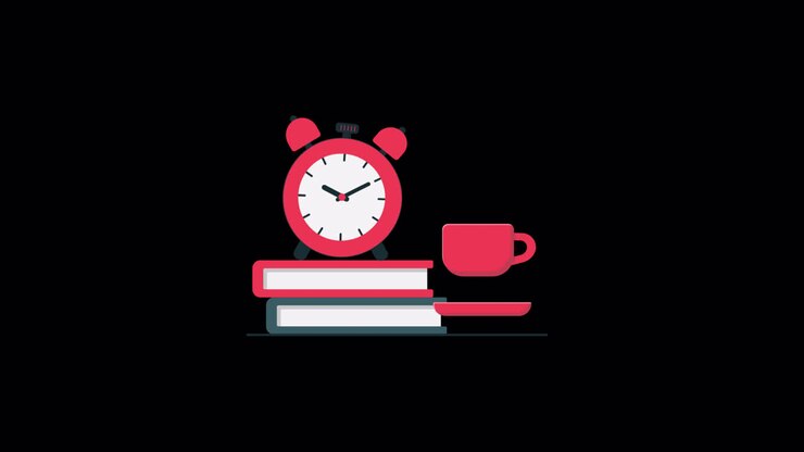 Animated Alarm Clock, Books, and Coffee for Study Time