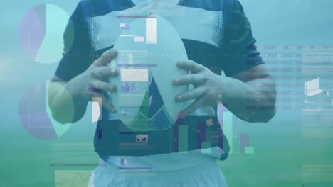 animación de estadísticas y procesamiento de datos sobre un jugador de rugby caucásico sosteniendo la pelota