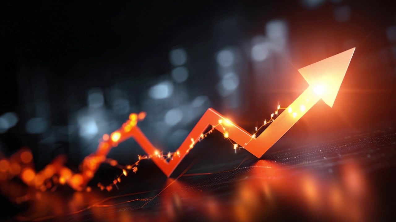 Dynamic Growth Representation: A Consistent Rising Trend Highlighted by an Upward Arrow with a Bright Glow in a Modern Financial Background