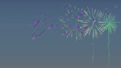 animation loop of purple search icons moving and fireworks display exploding on abstract background