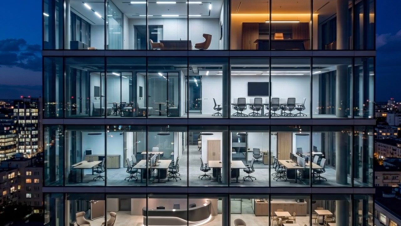 Modern glass office building with illuminated workspaces at dusk
