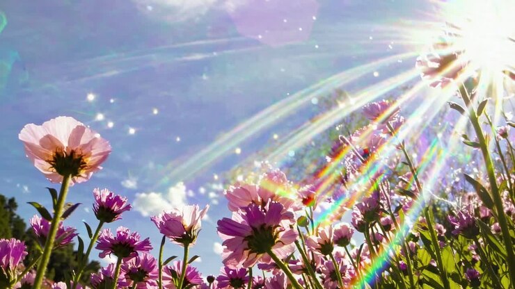 A dreamy, ethereal video scene with a low-angle view of sunlight and flowers, creating a prism