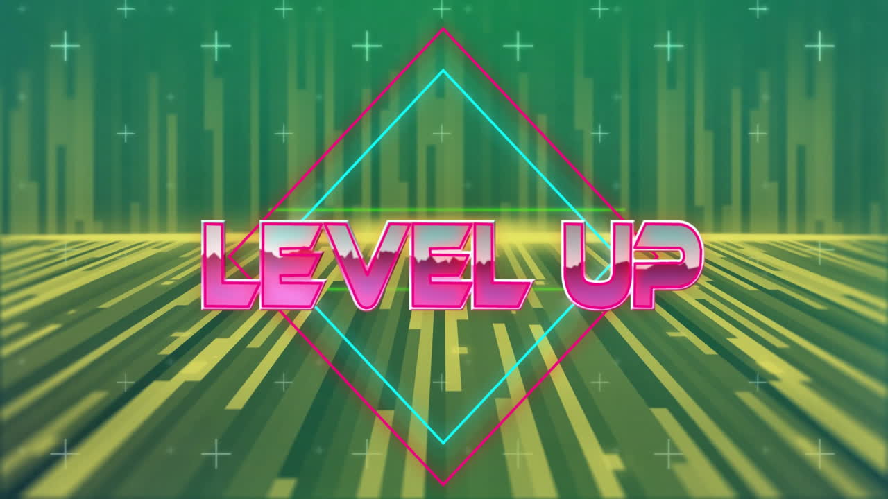 초록색과 노란색의 기하학적 배경 위의 텍스트 애니메이션을 레벨 업합니다.