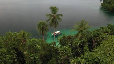 toma aérea que va hacia arriba, revelando un pequeño bote blanco junto a un hermoso arrecife de coral y una playa de arena blanca en este islote remoto y pacífico en papua nueva guinea