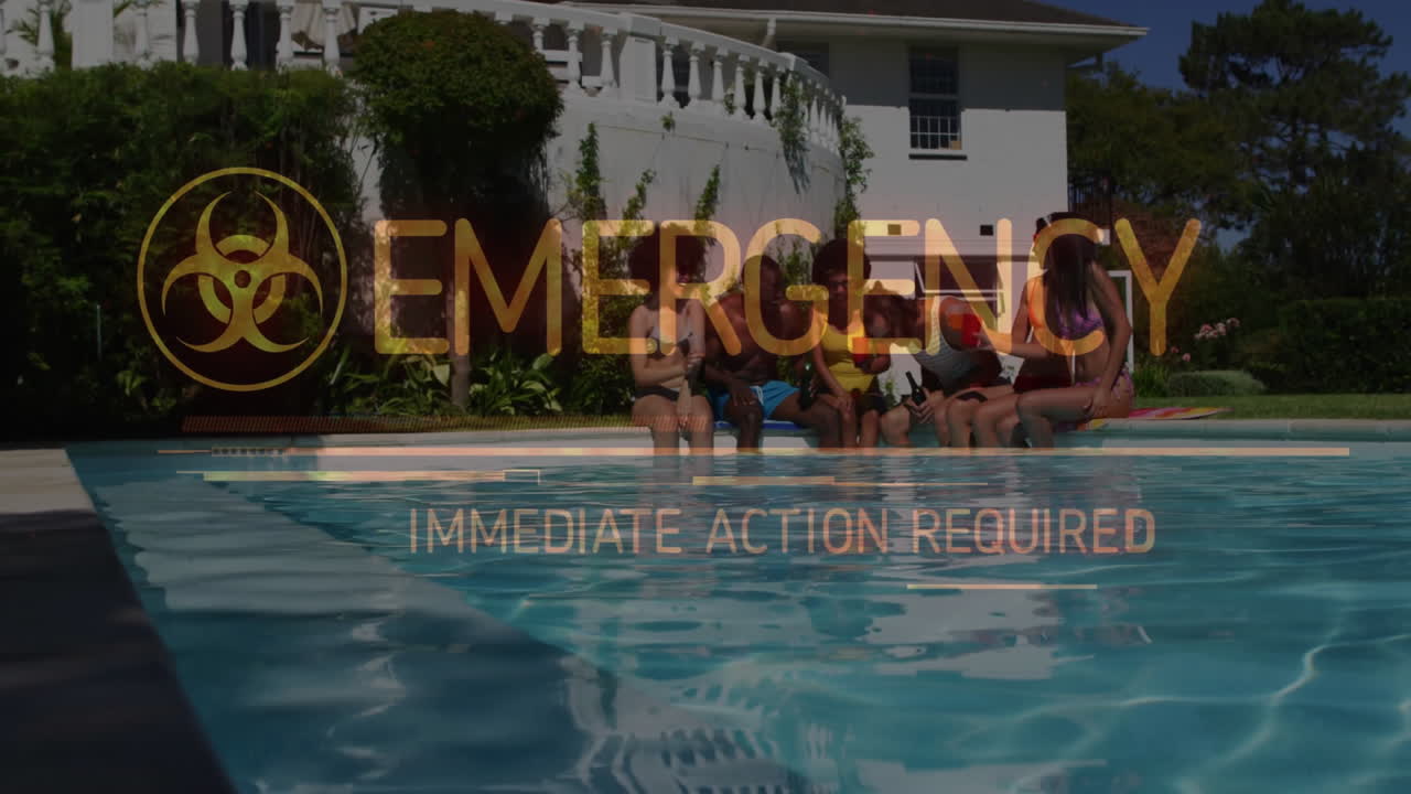 Emergency alert text animation over people sitting by swimming pool