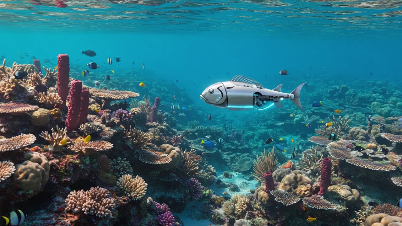 Exploring Vibrant Coral Reefs with Innovative Underwater Robot Fish, Showcasing Marine Life and Coral Diversity in Crystal-Clear Waters