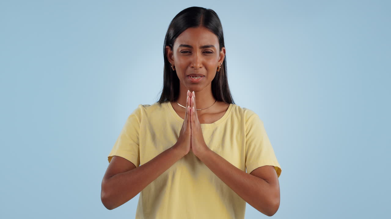 Prayer, hands and woman wish with hope on blue