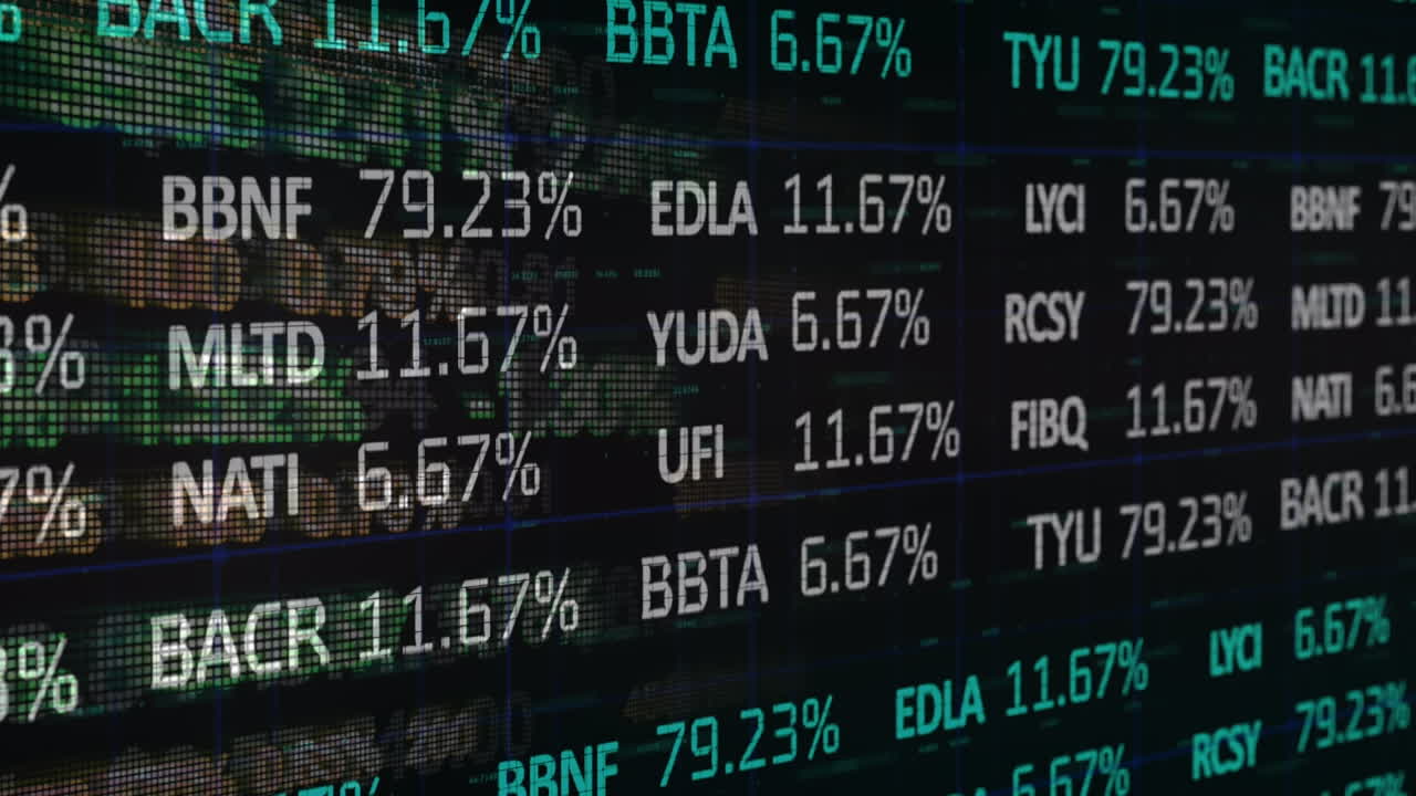 Animazione dell'elaborazione di dati finanziari su sfondo nero