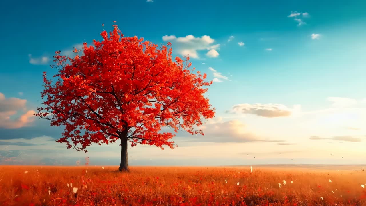 un árbol solitario en el medio de un campo de flores rojas