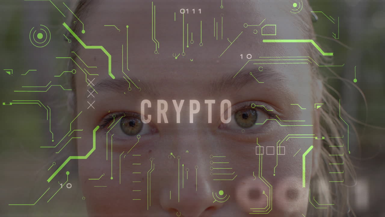 Crypto text and circuit board animation over close-up of person''s eyes