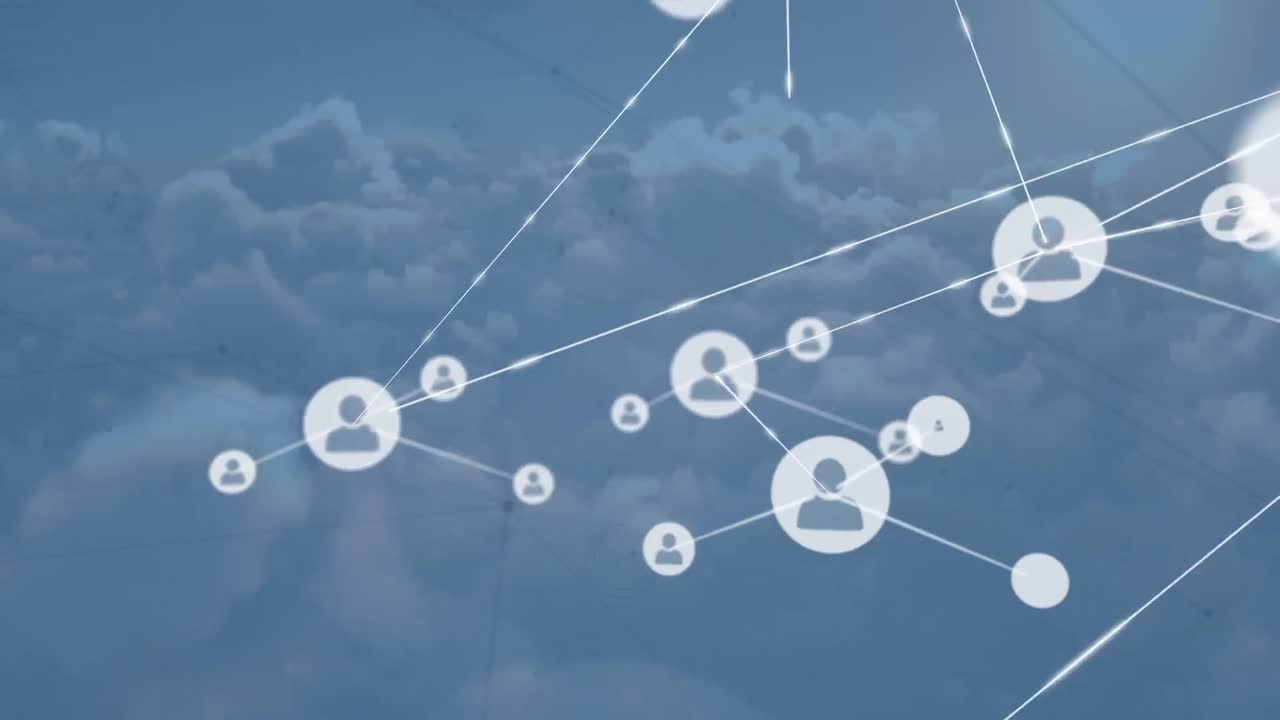 사람들과의 연결 네트워크의 애니메이션 구름이 있는 하늘 위의 아이콘