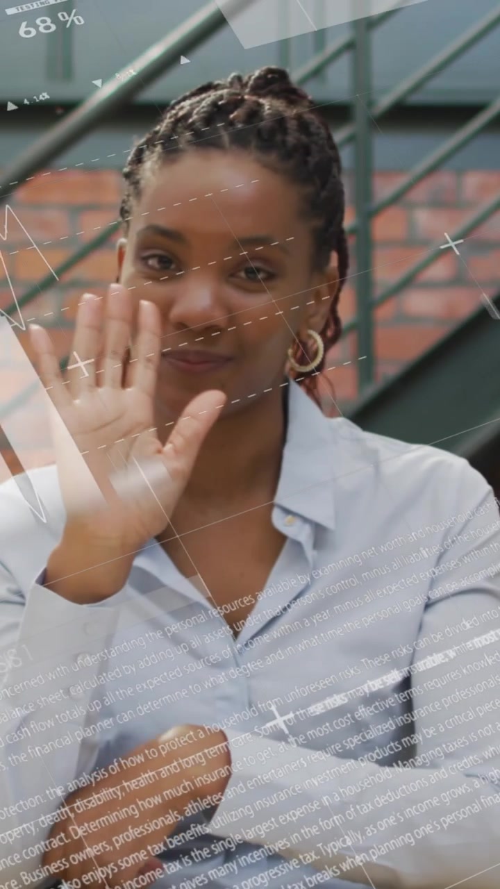 Animation of data processing over african american businesswoman in office