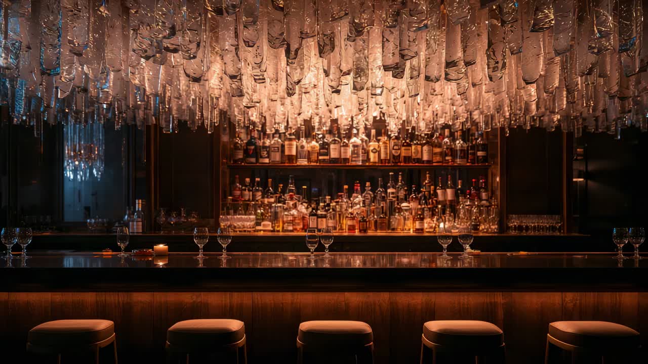 Panning camera revealing bar counter reflecting glassware and chandelier to highlight warm glow