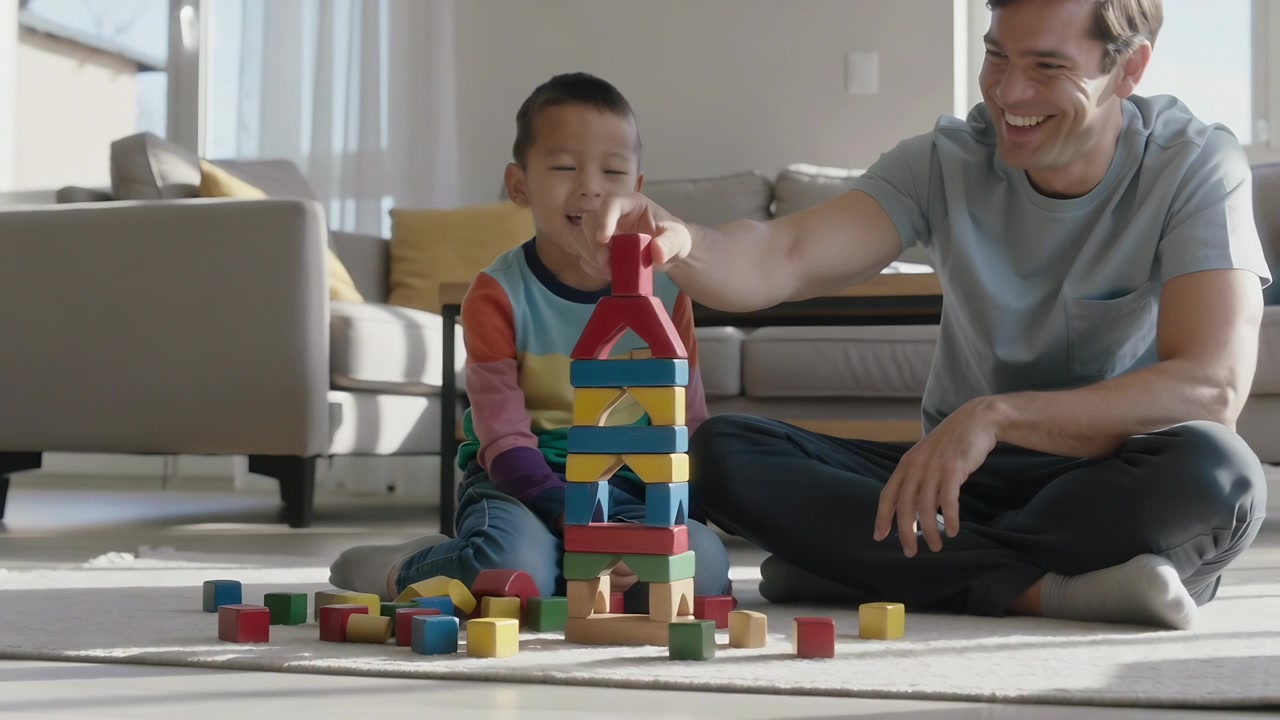 Reaching dad placing red block to complete tower on home rug, boy in colorful shirt laughing