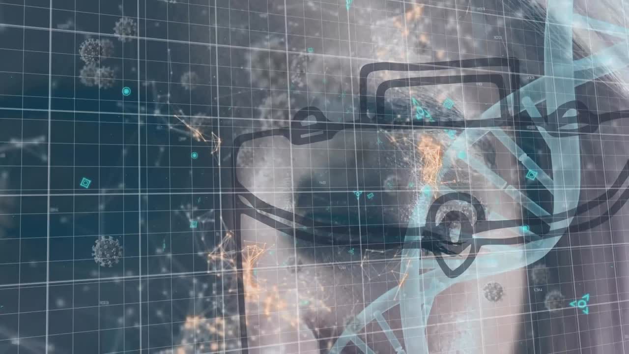 animación de procesamiento de datos y mujer caucásica sobre células de virus