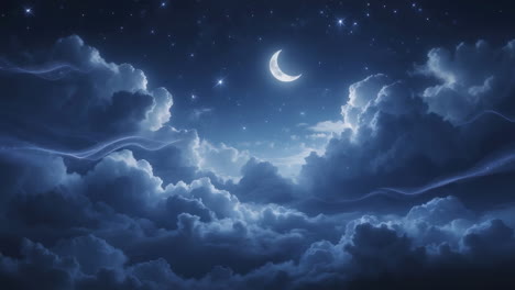 mystical night sky with crescent moon and stars
