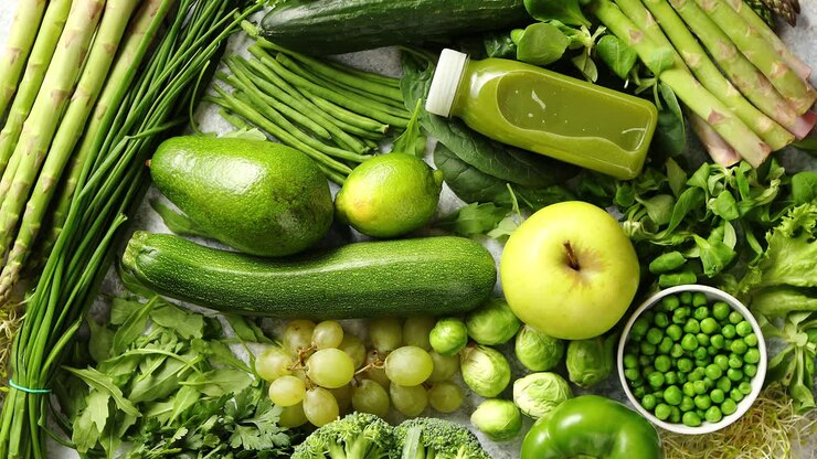 Assortment of fresh organic antioxidants Green fruits and vegetables