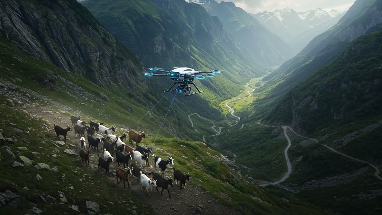 Aerial Drone Guiding Livestock Through Majestic Mountain Valley: A Fusion of Nature and Technology Enhancing Herd Management