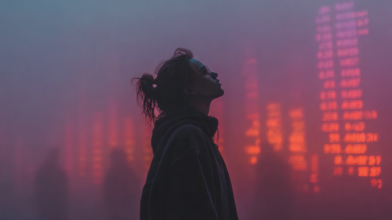 A solitary figure stands in a mystical environment, enveloped in fog with glowing orange and purple hues illuminating digital displays, creating a reflective atmosphere