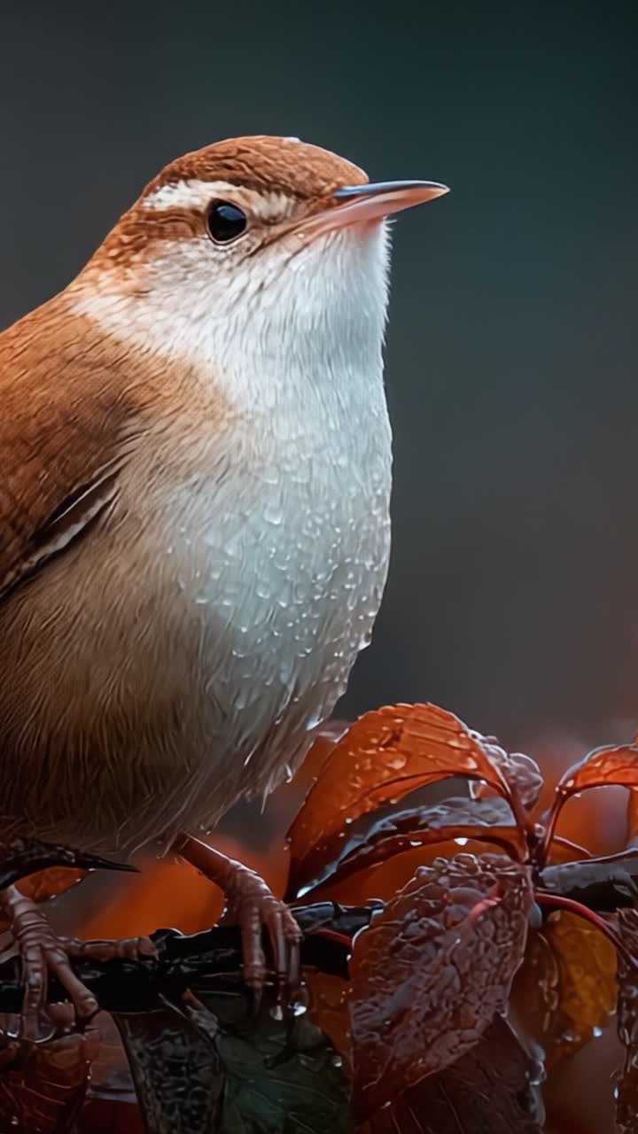 A Captivating Close-Up of a Beautiful Bird Perched Among Vibrant Fall Leaves, Glistening with Raindrops, Capturing Nature's Splendor in Detail and Color