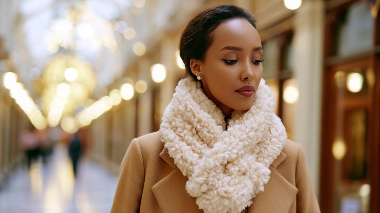 Una Donna Elegante con una Sciarpa Accogliente Cammina Attraverso un Elegante Corridoio Illuminato da Luci Soffuse, Emanando Sicurezza e Grazia in un Completo alla Moda