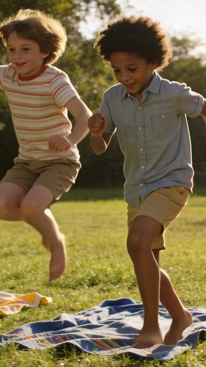 Vídeo vertical: Dois meninos trocando olhares, agachando e depois correndo pelo quintal para brincar, com um cobertor.