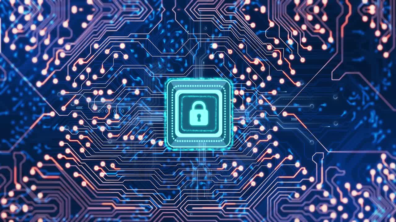 animación de una placa de circuito de computadora con procesamiento de datos y icono de candado digital