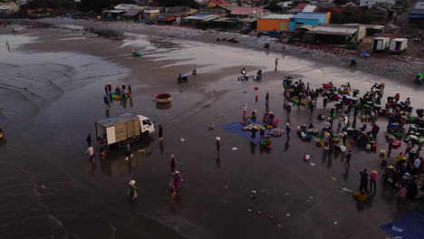 vietnamese fishermen on the shore carrying fish from boats to the city