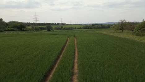 Aerial-footage-of-grassy-agricultural-land-underneath-a-cloudy-sky-near-Frankfurt,-Germany