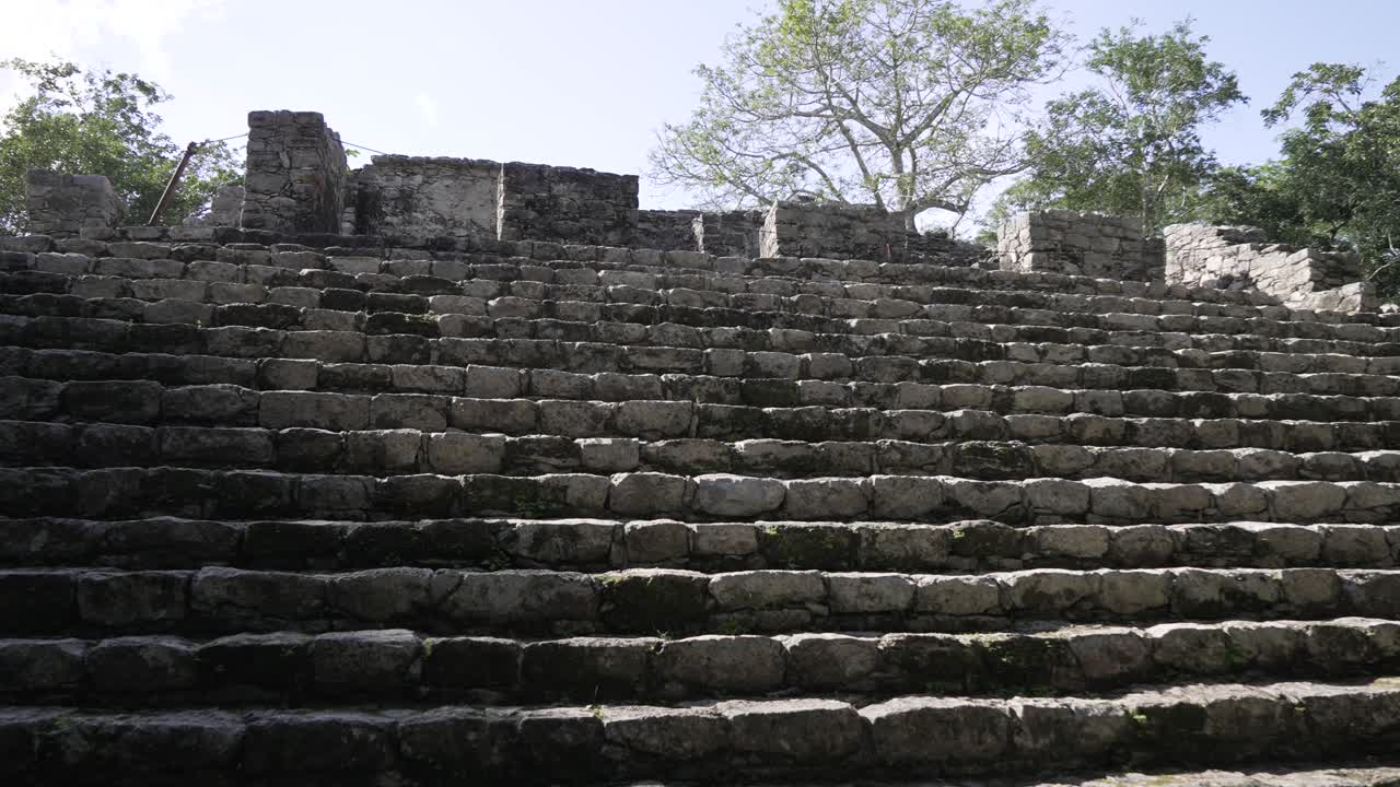 Stone steps lead up to ancient ruins with weathered walls, surrounded by greenery and trees. Sunlight filters through branches, creating a serene atmosphere.