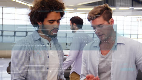 animation of data over diverse male business colleagues talking in office