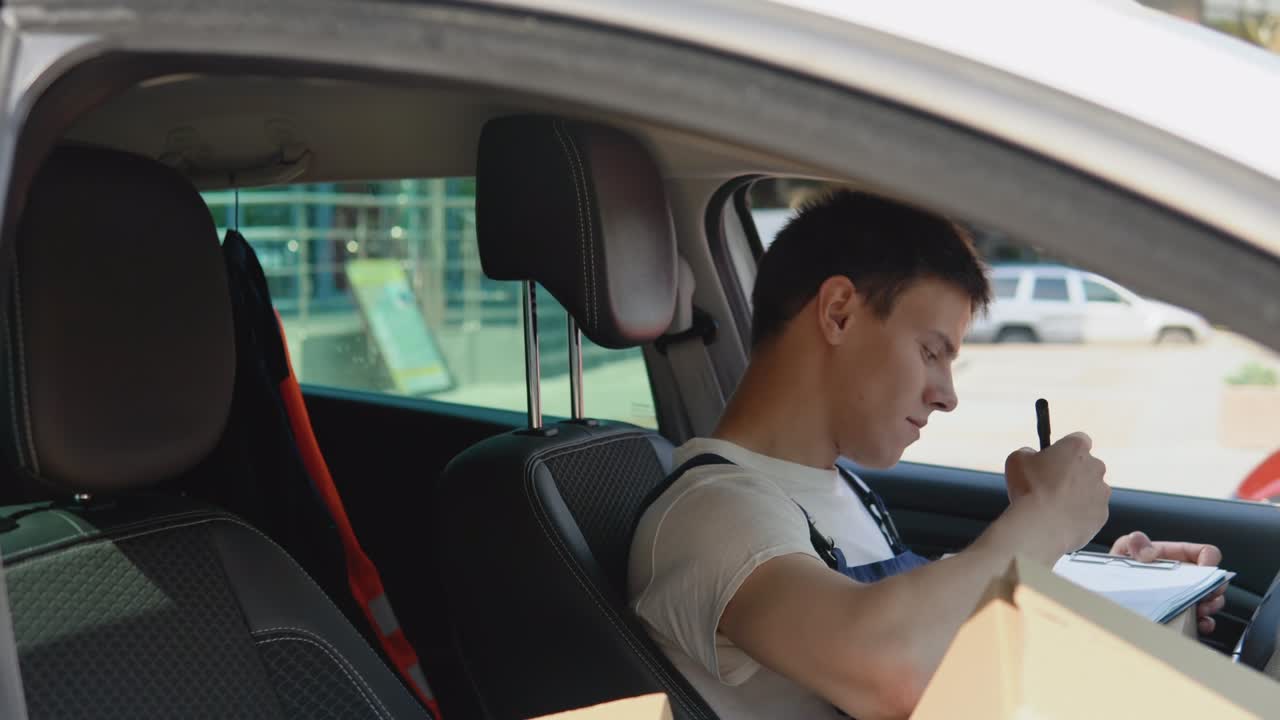 가공품의 이동 및 배달: 우체국 직원이 화물 문서를 채우고 많은 공예 상자가 운전자 의 승객 좌석에 쌓여 있습니다.