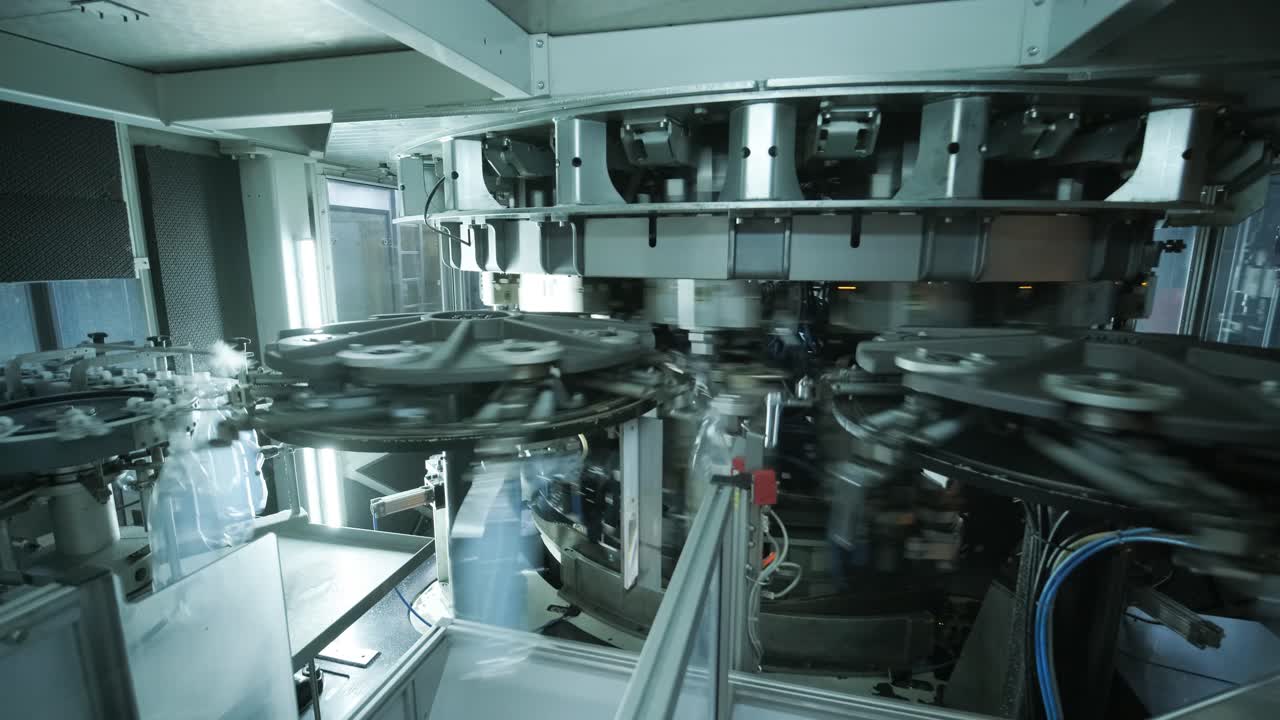 Automatic filling machine pours water into plastic PET bottles at modern beverage plant