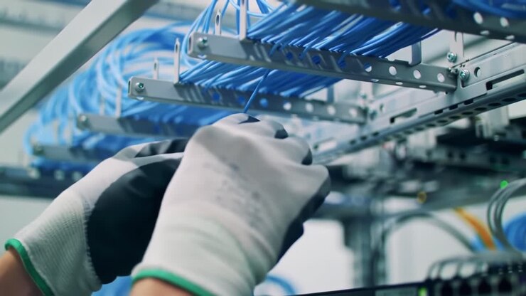 Tekniker organiserer fiberoptiske kabler i et datacenter for at sikre effektiv netværksforbindelse og vedligeholdelse for optimal ydeevne