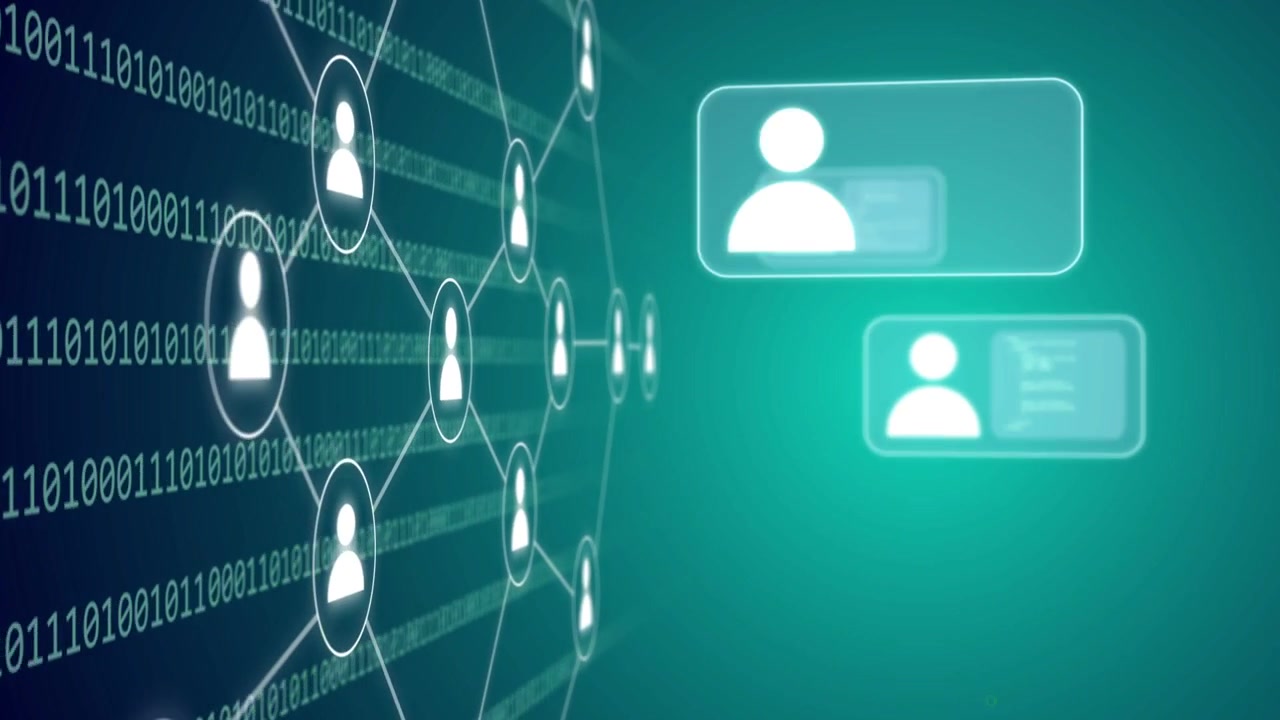 Binary panel transforming into node graph, node cluster pulsing and linking profile cards for data