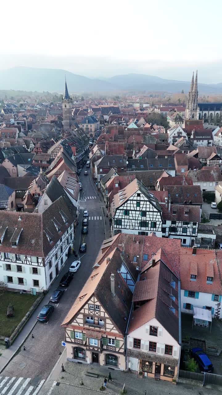 Obernai, Francia, che mostra la tradizionale architettura alsaziana e un incantevole insediamento europeo in vista aerea verticale.