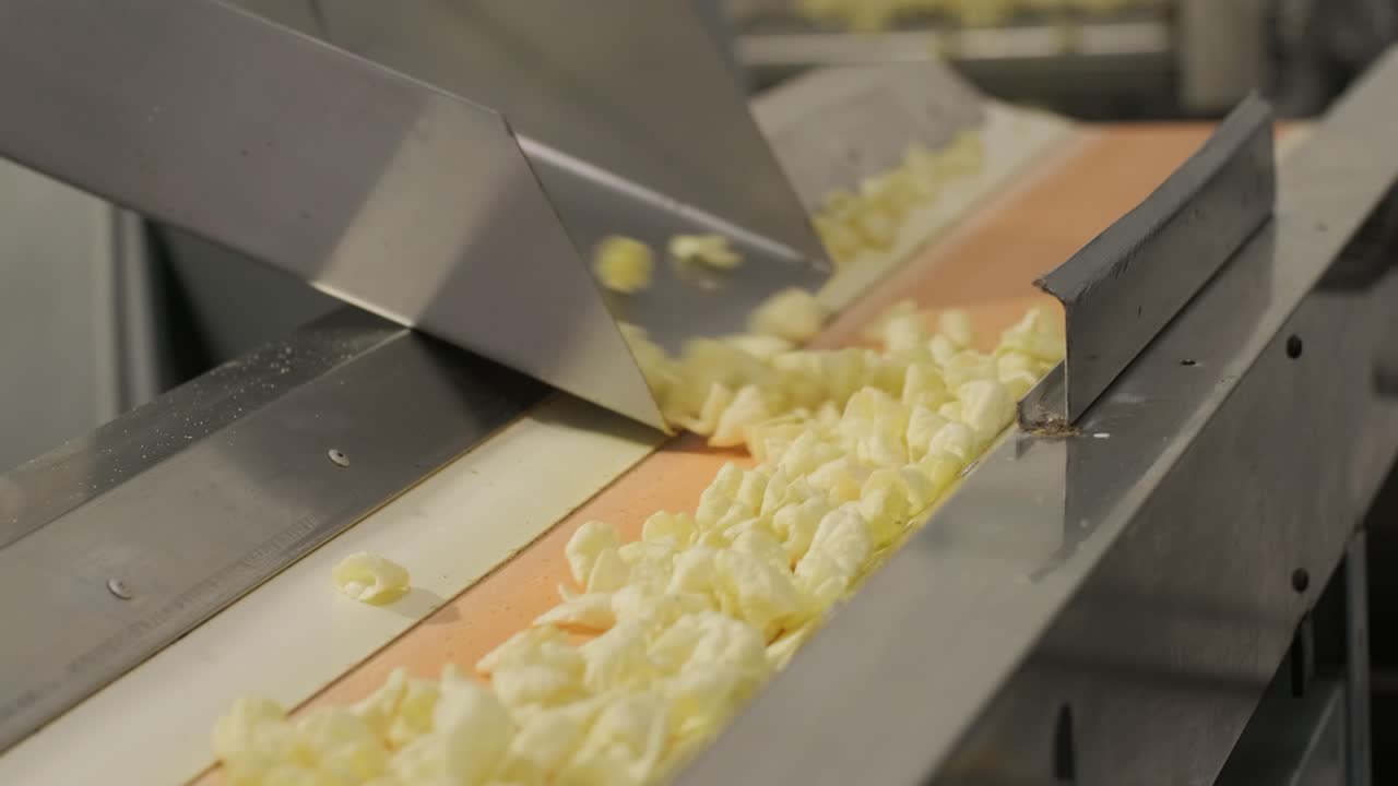 la línea de producción de la fábrica mueve las patatas fritas doradas después de freír. línea de fabricación de la fábrica de pasta
