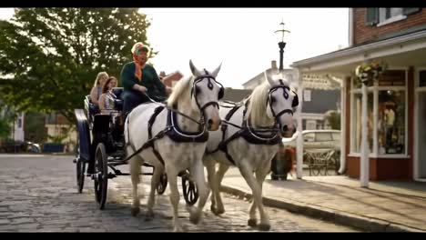 a joyful horse-drawn carriage ride through a charming cobblestone street, featuring happy passengers enjoying their scenic journey