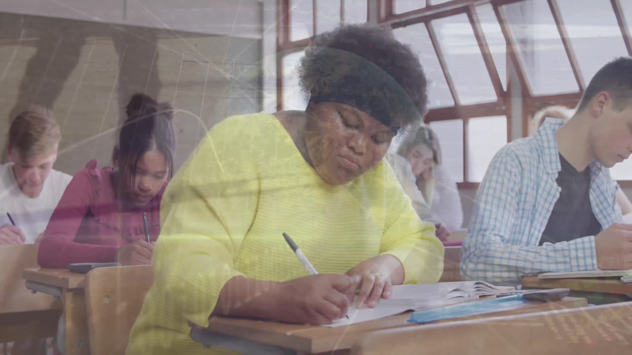 Animation of financial data processing and globe over diverse highschool students in class