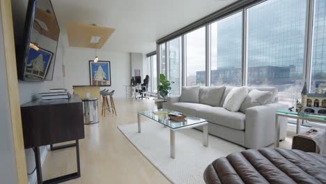 modern apartment living room with city view
