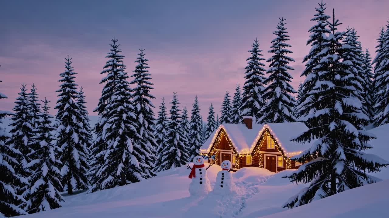 la nieve cubre una encantadora cabaña de madera enclavada entre pinos cubiertos de nieve, iluminados por luces cálidas, con dos amistosos muñecos de nieve de guardia en el sereno paisaje invernal a medida que se pone el anochecer